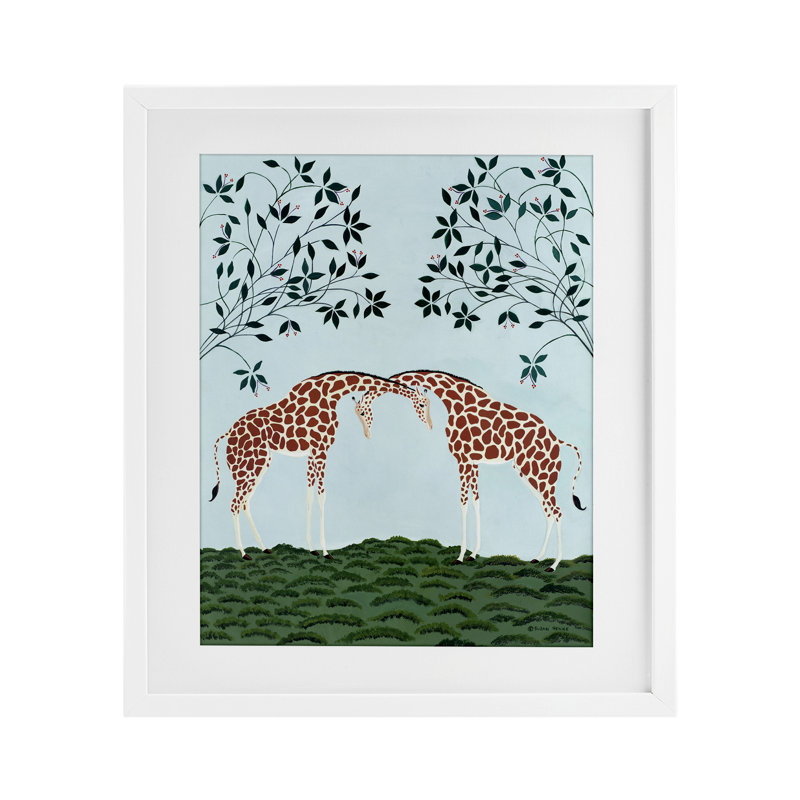 «Friendship», reproduction encadrée sous verre girafes symétriques par Susan Henke, H 16 po x l 13 po, Cadre blanc côtier