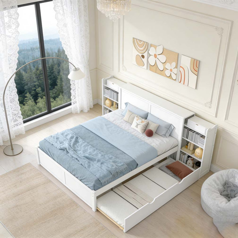 Lit plateforme pleine grandeur avec tablettes coulissantes et lit gigogne simple, Lit double