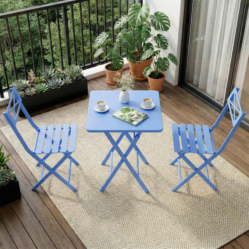 3-Piece Folding Bistro Set - Outdoor Patio Furniture with 2 Chairs & 1 Glass Table, Portable Metal Bistro Set for Balcony, Garden & Yard, Blue