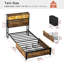 Lit simple Livia avec 2 tiroirs sous le lit, lit plateforme moderne avec station de recharge et lampe à DEL, tête de lit avec rangement, 2 tiroirs de chevet et étagères ouvertes, brun rustique-697363588-697363589