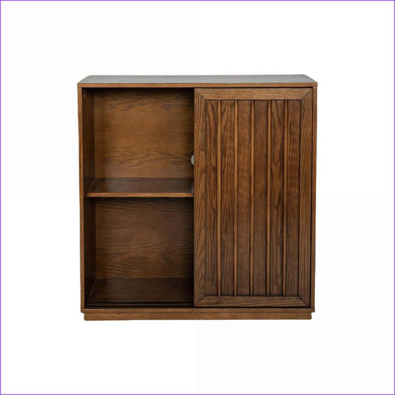 Mid Century Sideboard with 2 Sliding Doors &amp; Solid Wood Strips | Spacious Storage | Outlet Hole | Walnut Brown | MDF