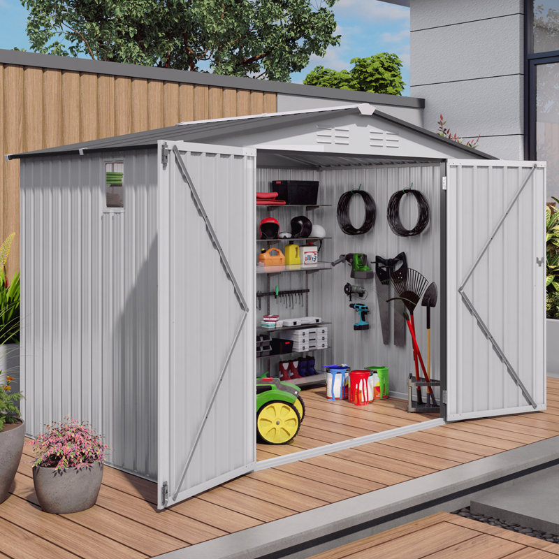 Remise de rangement extérieure en métal 8 x 6 pi, remise à outils avec toit incliné imperméable avec fenêtre latérale et porte verrouillable, remise à outils en métal