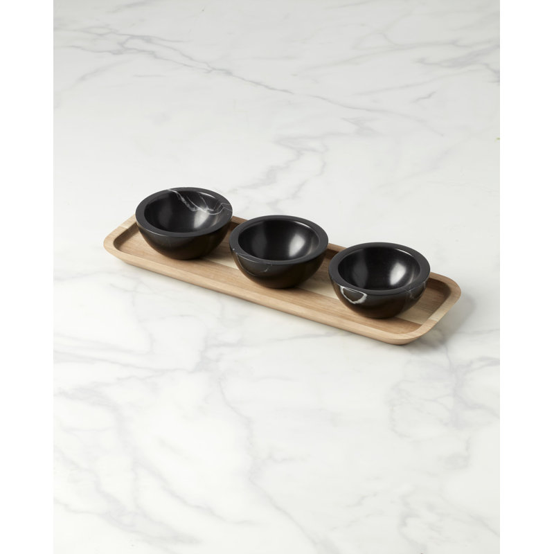 Modern Light Wood Tray with Black Marble Dip Bowls