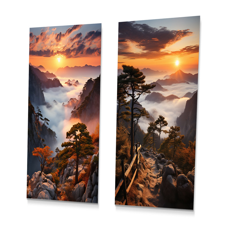 Ensemble de 2 décorations murales en métal Mountain Forest Sunset Silhouette I, H 28 po x l 24 po