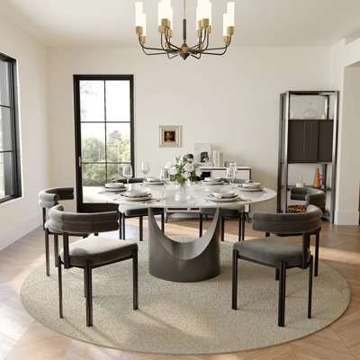Modern Sintered Stone Round Dining Table with U-shaped Leg, Seats 4 to 6, Kitchen Table for Living Room