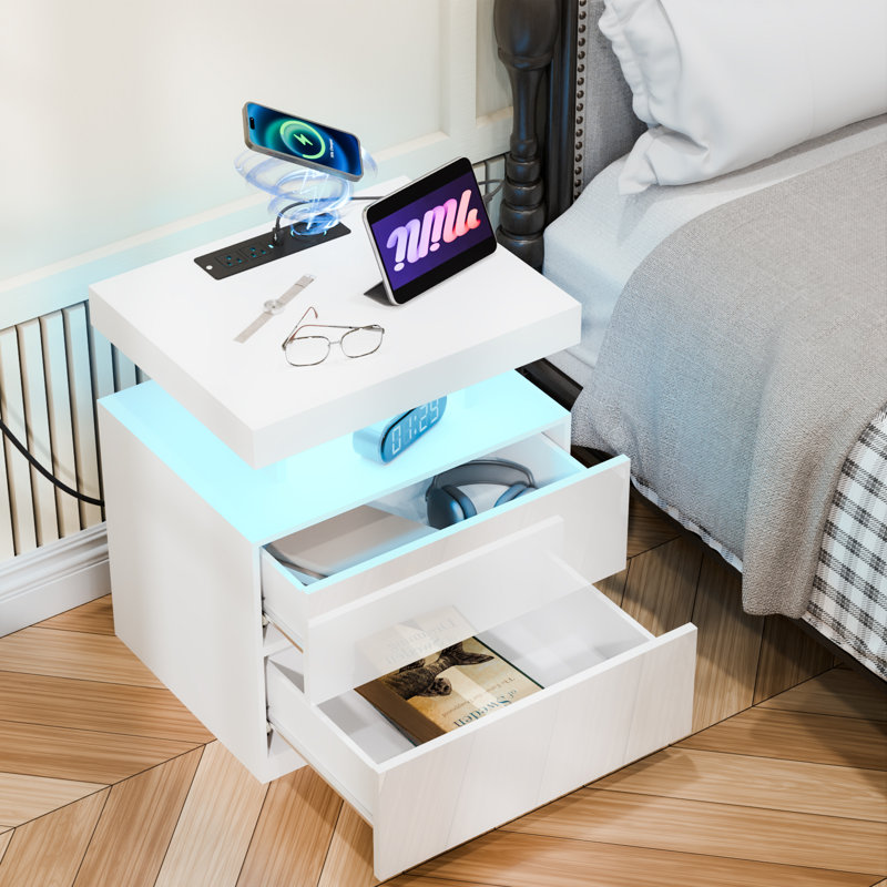 Modern Nightstand With Wireless Charging Station And LED Light ( Set Of 2 ), White