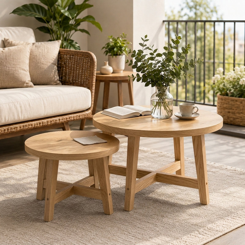 Ensemble de 2 tables basses gigognes rondes, tables d'appoint empilables en X au fini noyer pour salon, chambre à coucher et balcon