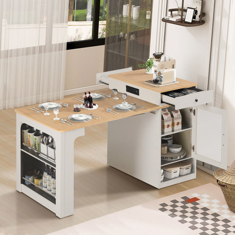 Aether 59.5" Kitchen Island With Extendable Dining Table, Kitchen Island With Storage Drawers, Power Outlet, Side Open Shelves, For Kitchen, Dining Room