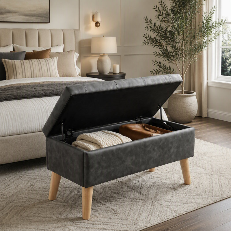 Banc coffre carré de 81 cm de large avec plateau intégré et repose-pieds rembourré, idéal pour le salon ou la chambre., Noir