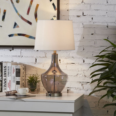 26" Smoked Glass Table Lamp with White Linen Shade 3-Way Dimmable for Bedroom and Living Room