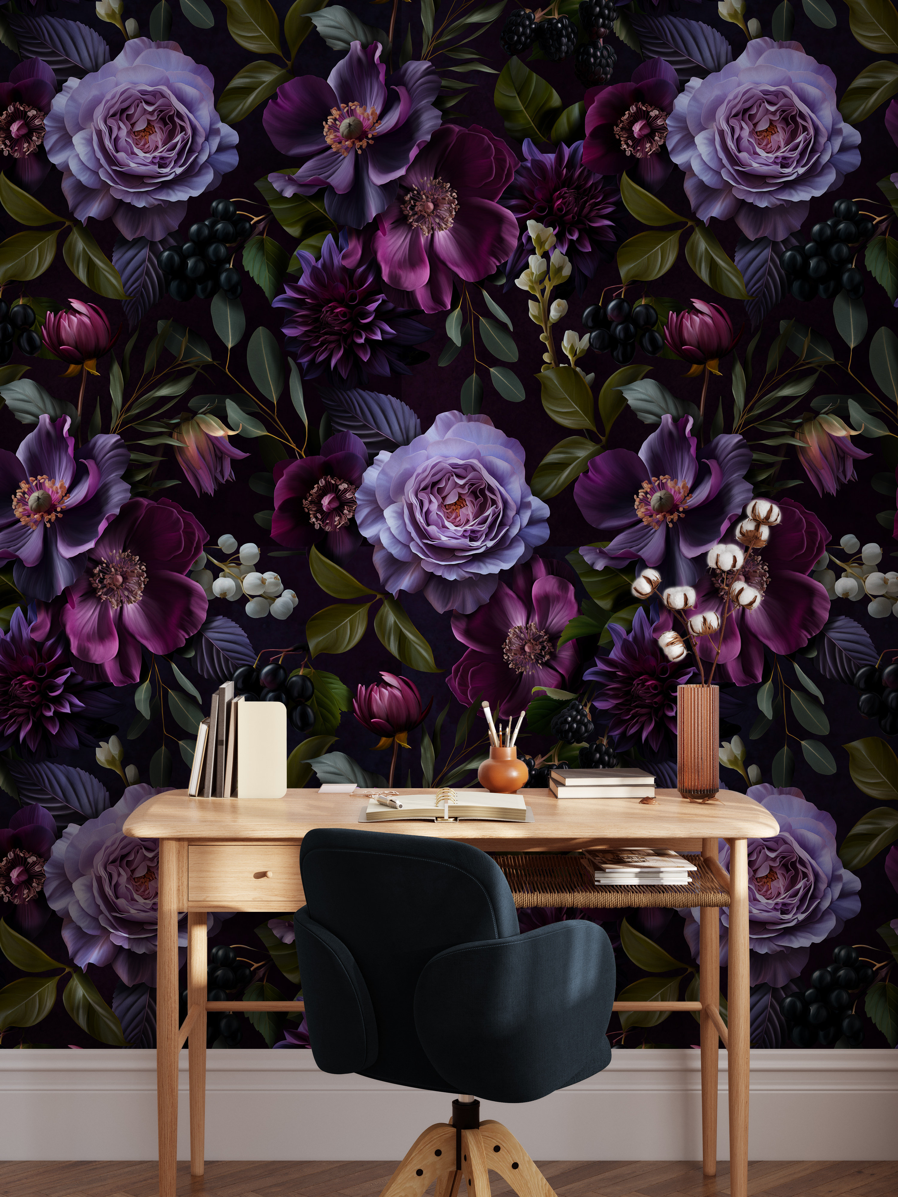 Lark Manor™ Moody Gothic Dark Floral Luxury Wallpaper Peel And Stick -  Vintage Purple Flowers On Black Background Wallpaper | Wayfair, image size:3000x4000