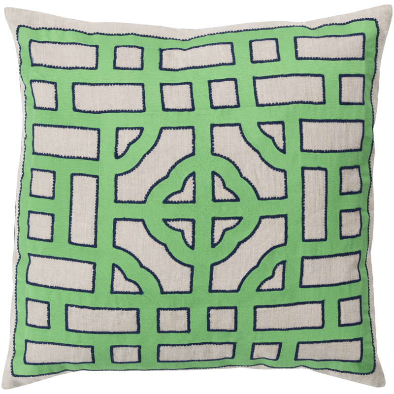  Down Linen Throw Pillow, Ivory/Emerald, 18" H x 18" W