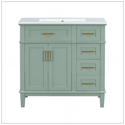 Meuble-lavabo moderne vert 36 po avec lavabo en céramique, portes à fermeture douce, 4 tiroirs de rangement, conception élégante pour les petites salles de bain