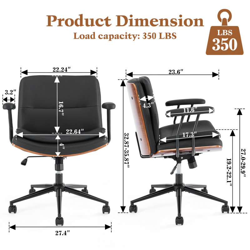 Home Office Desk Chair with Armrests & Wheels, Modern Walnut  Swivel Rolling Task Chair, Black