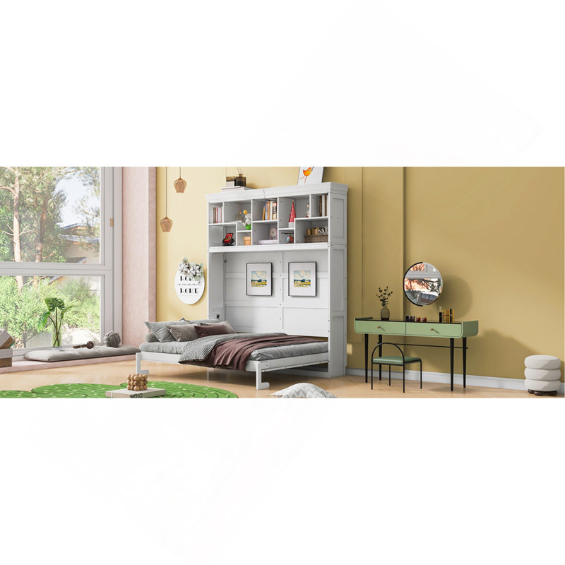 Grand lit escamotable mural avec tablettes supérieures et USB, blanc
