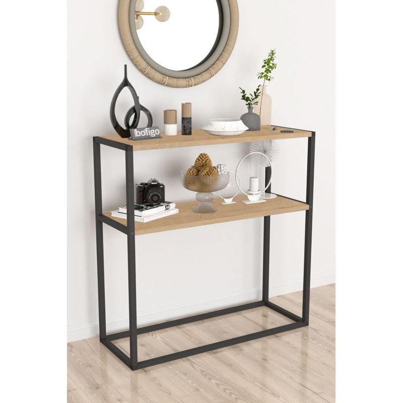 Aigar 90cm Solid Wood Top Console Table, Beige/Black