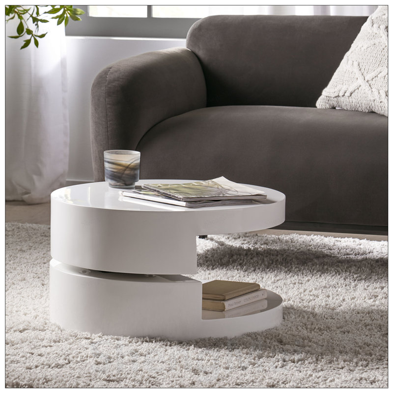 Table basse ronde à faible encombrement, style rotatif moderne, bois manufacturé blanc doux, 23,6 po