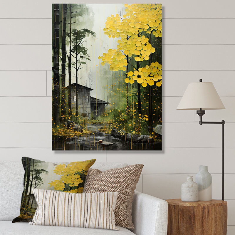 «Yellow Trees Verdant Canopy Patchwork» - Décoration murale chalet, Toile tendue, H 40 po x l 30 po x P 1,5 po