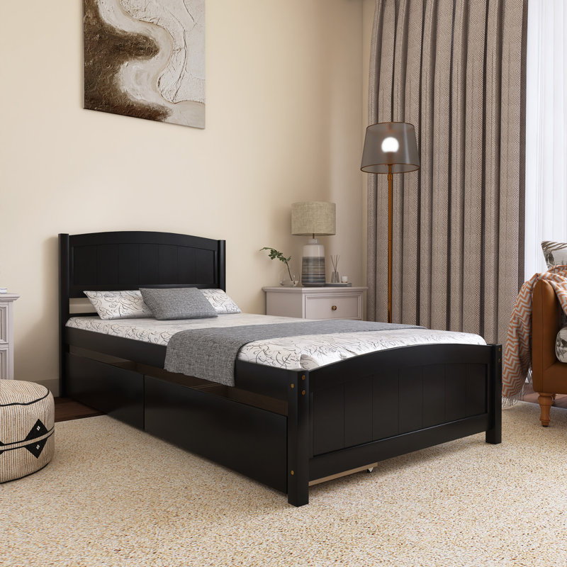 Lit plateforme simple en bois avec 2 tiroirs, Espresso