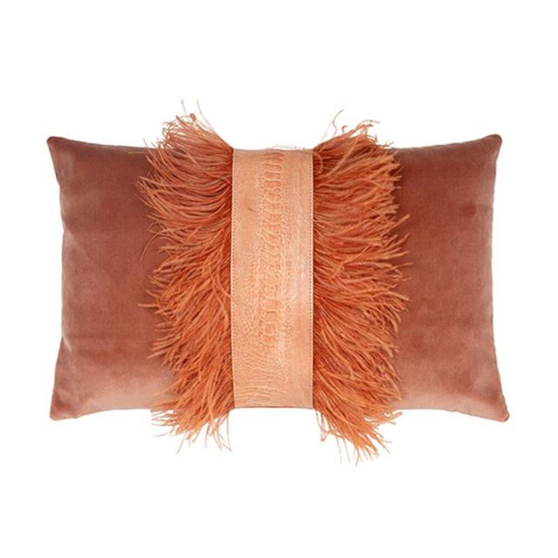 Velvet Lumbar Pillow w/ Feather Trim, Peach