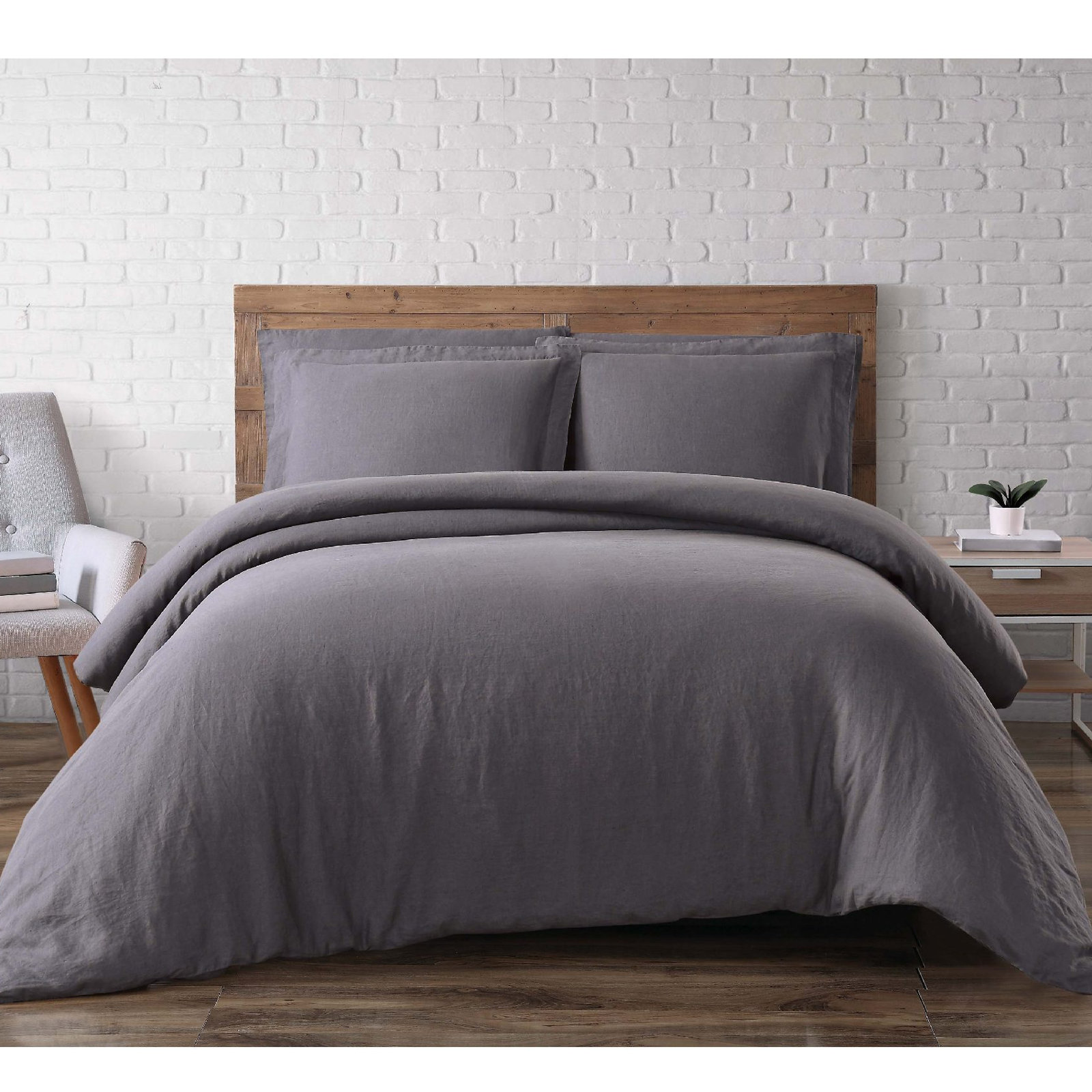 Nena Linen Duvet Cover Set, Full/Queen Duvet Cover + 2 Standard Shams, Charcoal