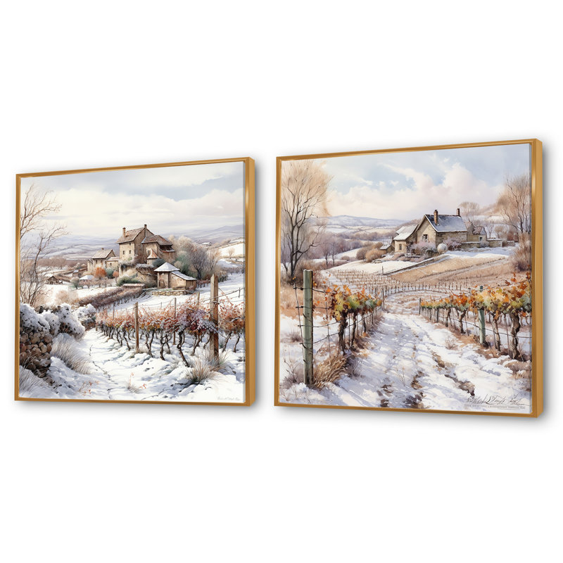 «Le charme du vignoble en hiver», 2 pièces, Encadrement doré, H 30 po x l 61 po