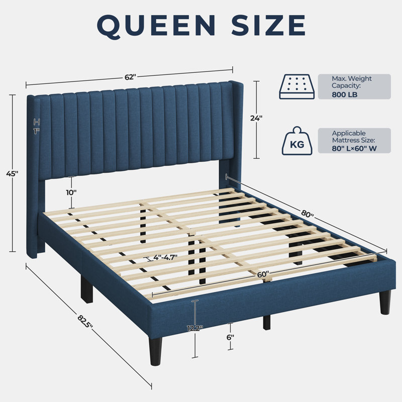 Upholstered Panel Bed, Queen, Navy Blue