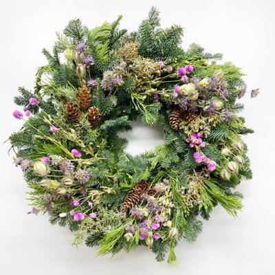 Natural Fresh Evergreens and Dried Flower Holiday Herbs, Globe Amaranth, and Pine Cones Wreath