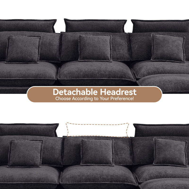 Canapé modulaire en L surdimensionné en L de 103 po avec repose-pieds et repose-tête, Chenille noir, 4