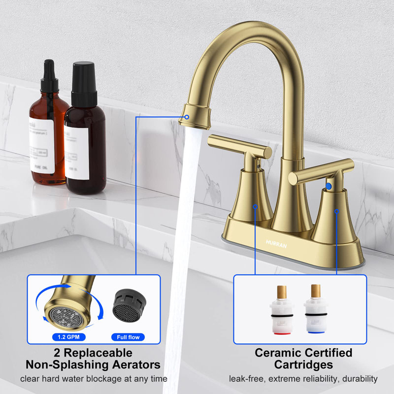 Robinet pour lavabo de salle de bain 3 trous, 4 pouces avec bonde escamotable, Or brossé