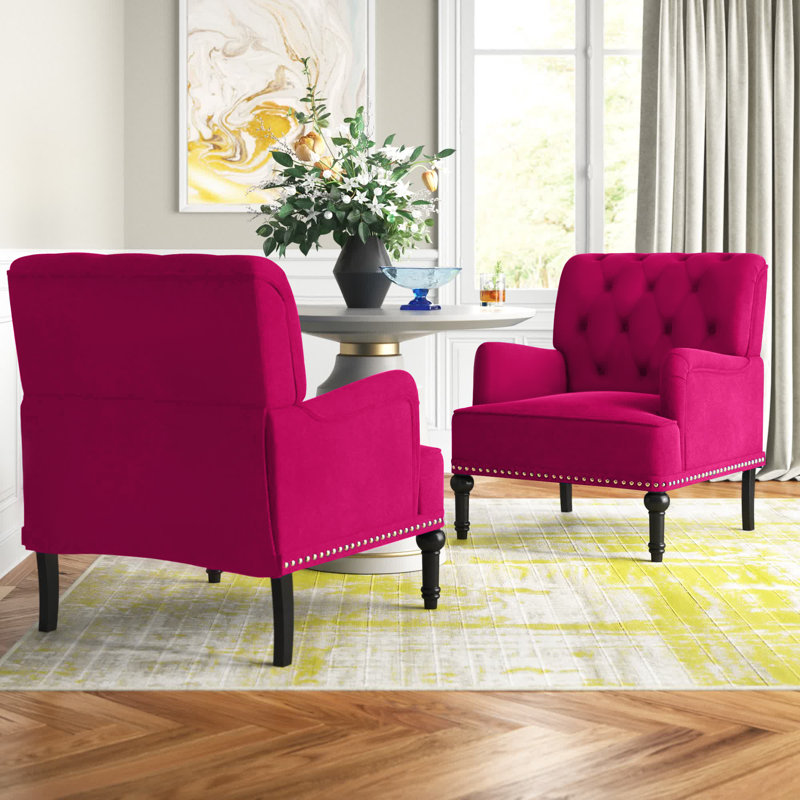 Jakub 28.5" W Velvet Upholstered Tufted Armchair with Nailhead Trim , Fuchsia Velvet