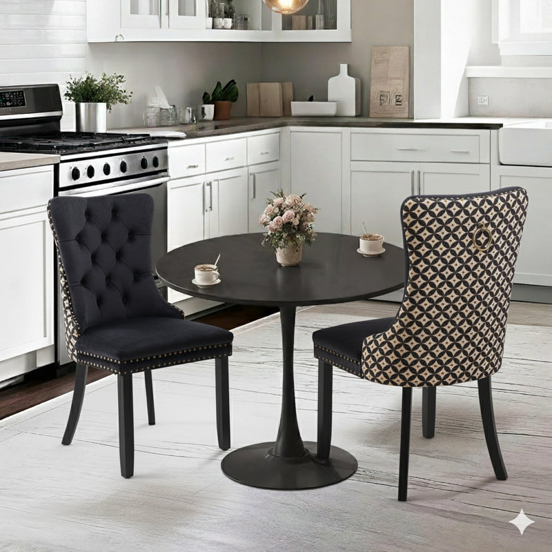 Round Dining Table Sets with 2 chairs, White, Black Geometric