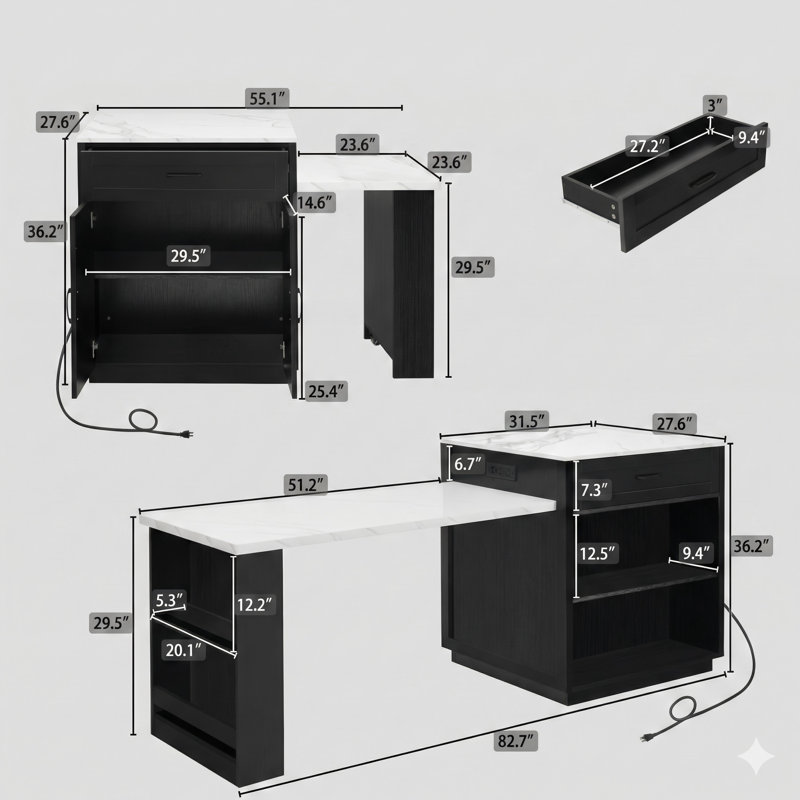 82.7-Inch Kitchen Island with Expandable Dining Table Accommodating 4 to 6 Persons, Faux Marble Tabletop, Dual-Sided Storage Compartments, Power Outlet, 2 Drawers, and 2 Open Side Shelves – Black Finish