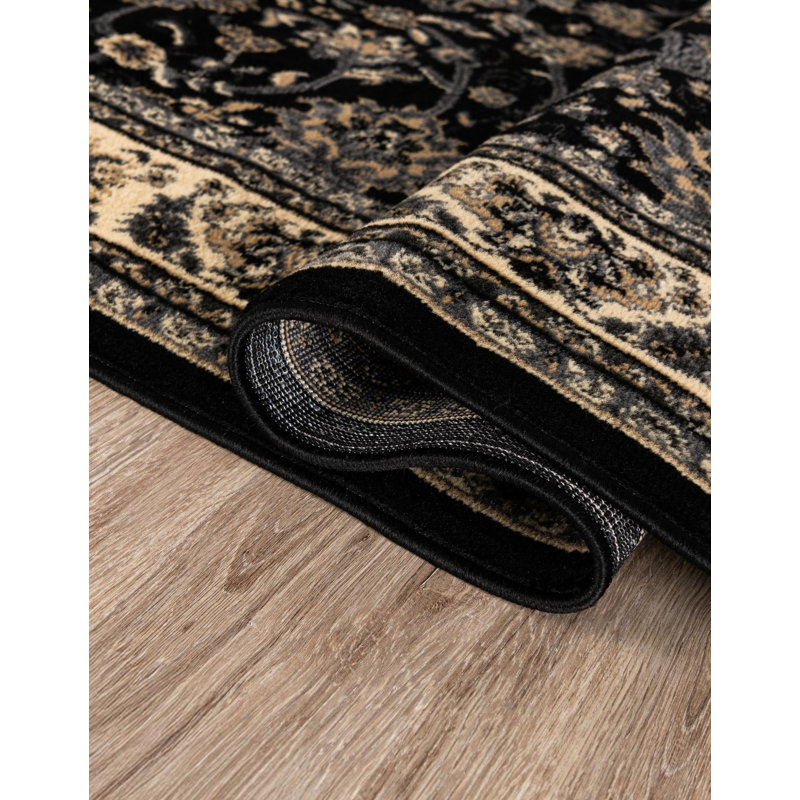 Tapis noir à motif floral Hanan, Black, Rond 6 pi 1 po