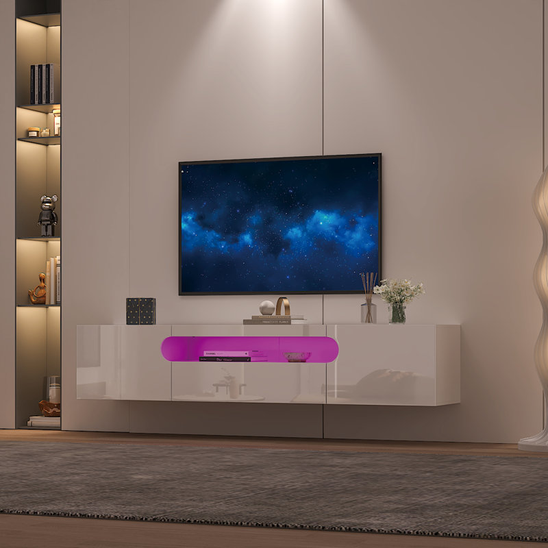 Meuble télé mural flottant avec rangement pour téléviseur 85 po, meuble multimédia de salon avec lumières DEL, Blanc