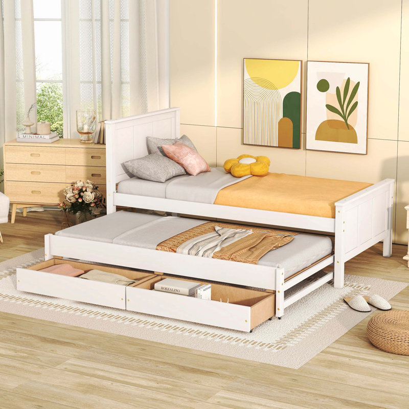 Lit plateforme simple avec lit gigogne et tiroirs, blanc, Blanc