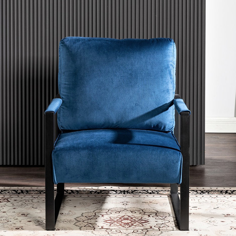 Fauteuil de bureau moderne en velours bleu, structure métallique robuste, idéal pour le salon, la chambre à coucher ou la maison.