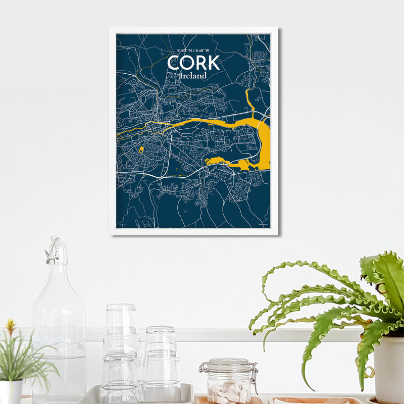 Cork City Map, impression, H 20 po x l 16 po, Bleu / jaune