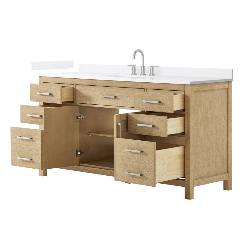 Beckett 66" Freestanding Single Bathroom Vanity with Quartz Top, Whitewashed Oak, Brushed Nickel, White Quartz