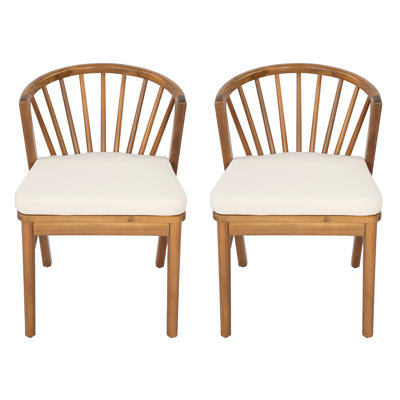 Ensemble de 2 chaises de salle à manger d'extérieur, chaises de patio en bois d'acacia avec coussin lavable crème, pour cour, bord de piscine, jardin, teck