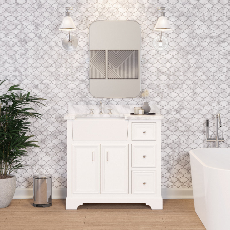 Ensemble de meuble-lavabo simple 36 po Emiliano, Marbre de Carrare, Blanc
