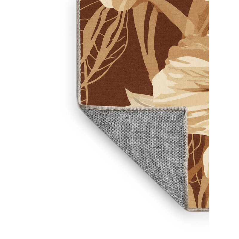 Machine Washable Oyan Hibiscus Tropical Floral Rug in Brown – Beige Binding, 7' Square