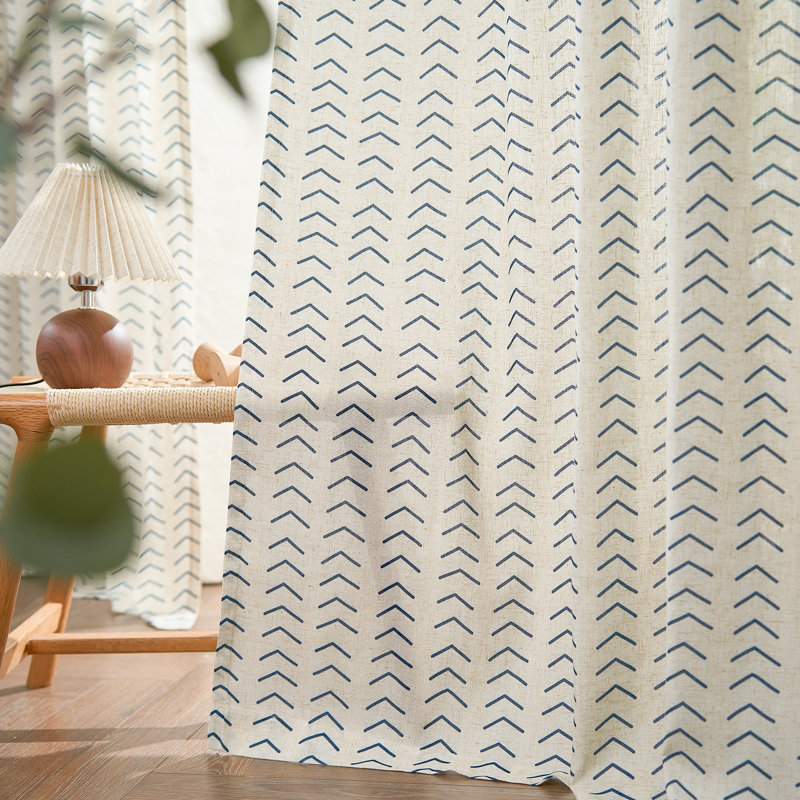 Printed Linen Farmhouse Boho Rod Pocket Curtains, 50" W x 63" L, Blue