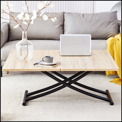 Modern Minimalist Multifunctional Lift Table with Height-Adjustable MFC Top and Sturdy Black Metal Legs