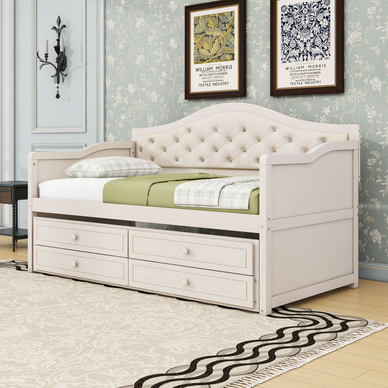 Twin Two Drawers Wooden Daybed with Trundle and Upholstered Backrest, Beige