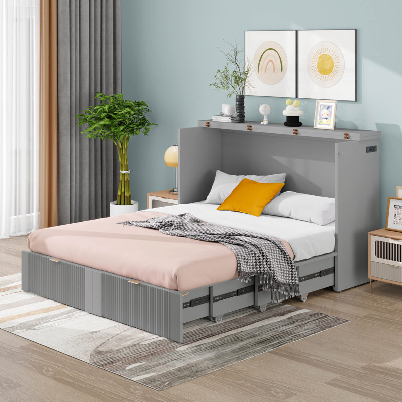 Lit escamotable pleine grandeur avec tiroir, armoire-lit mobile moderne avec un ensemble de prises et de ports USB, structure à poulie pliante