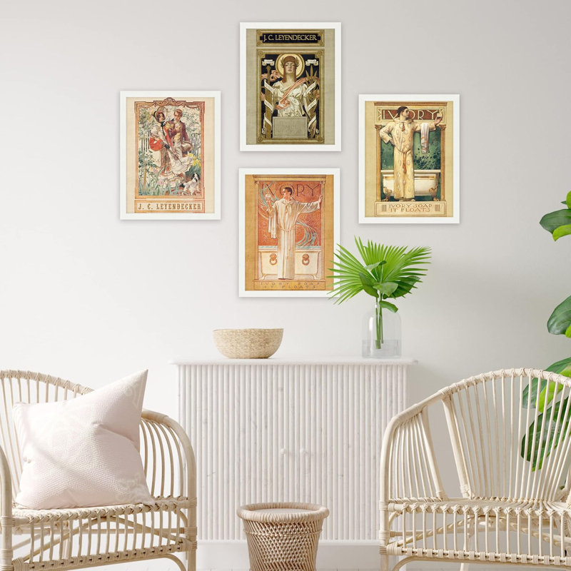 «Leyendecker», art déco multicolore encadré, publicité classique sur toile, impression sur bois, 4 pièces, Blanc