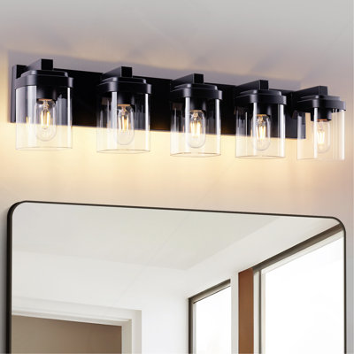 5 Light Bathroom Vanity Light, Matte Black Bathroom Light Fixtures with Clear Glass Shade, Vanity Light Fixtures Over Mirror for Bedroom Living Room(no Bulbs)