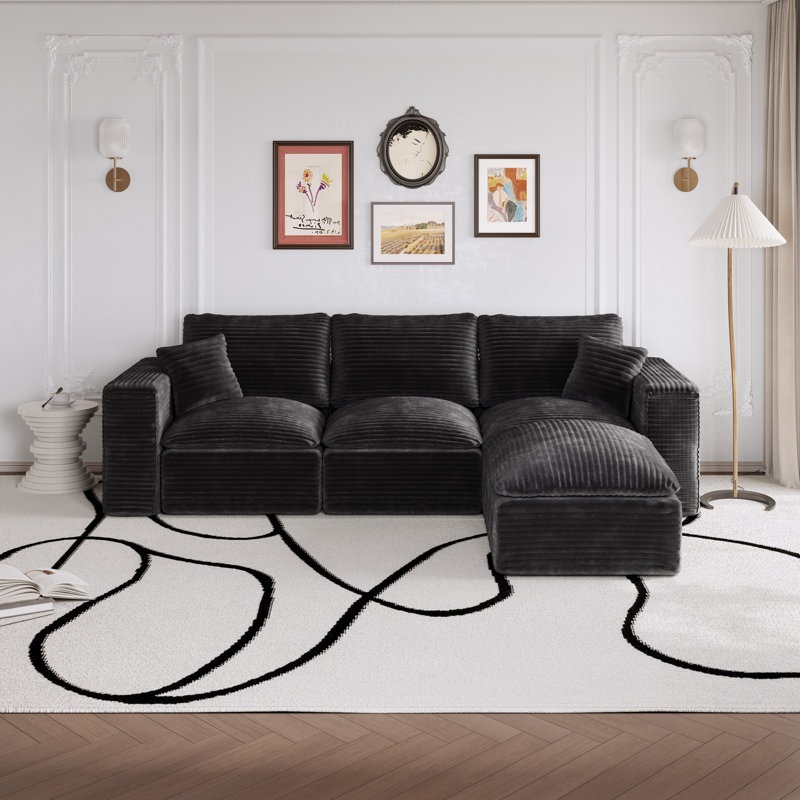 Compression Packed Modern Modular Sectional Sofa With Reversible Ottoman For L-shape, Deep Seat Couch, Corduroy Upholstery, No Assembly Required