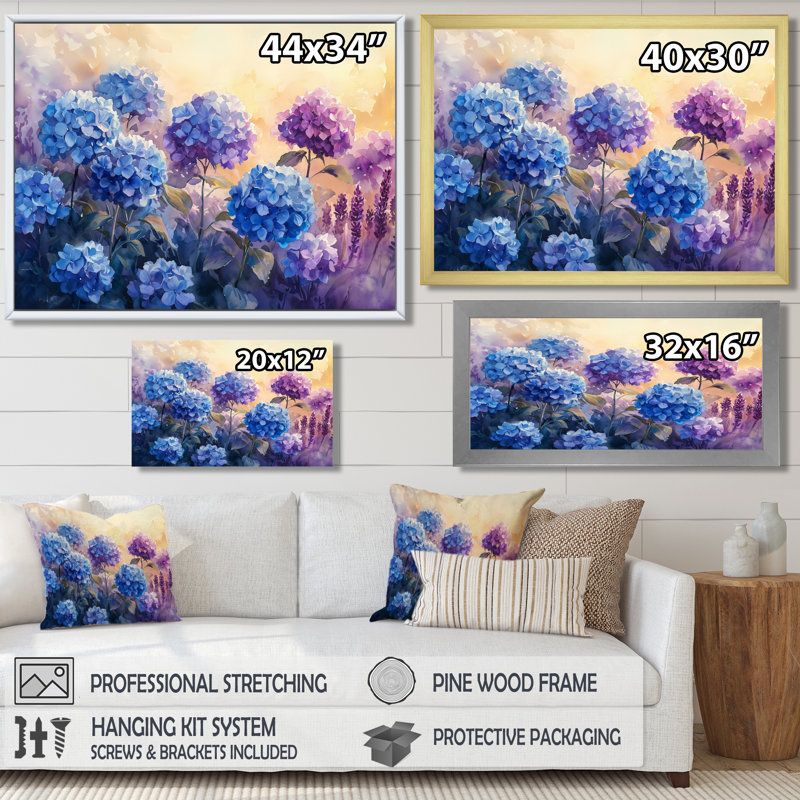 Hortensias dans le champ de lavande I - hortensia, décoration murale, H 28 po x l 60 po, Impression sur cadre flottant, Noir